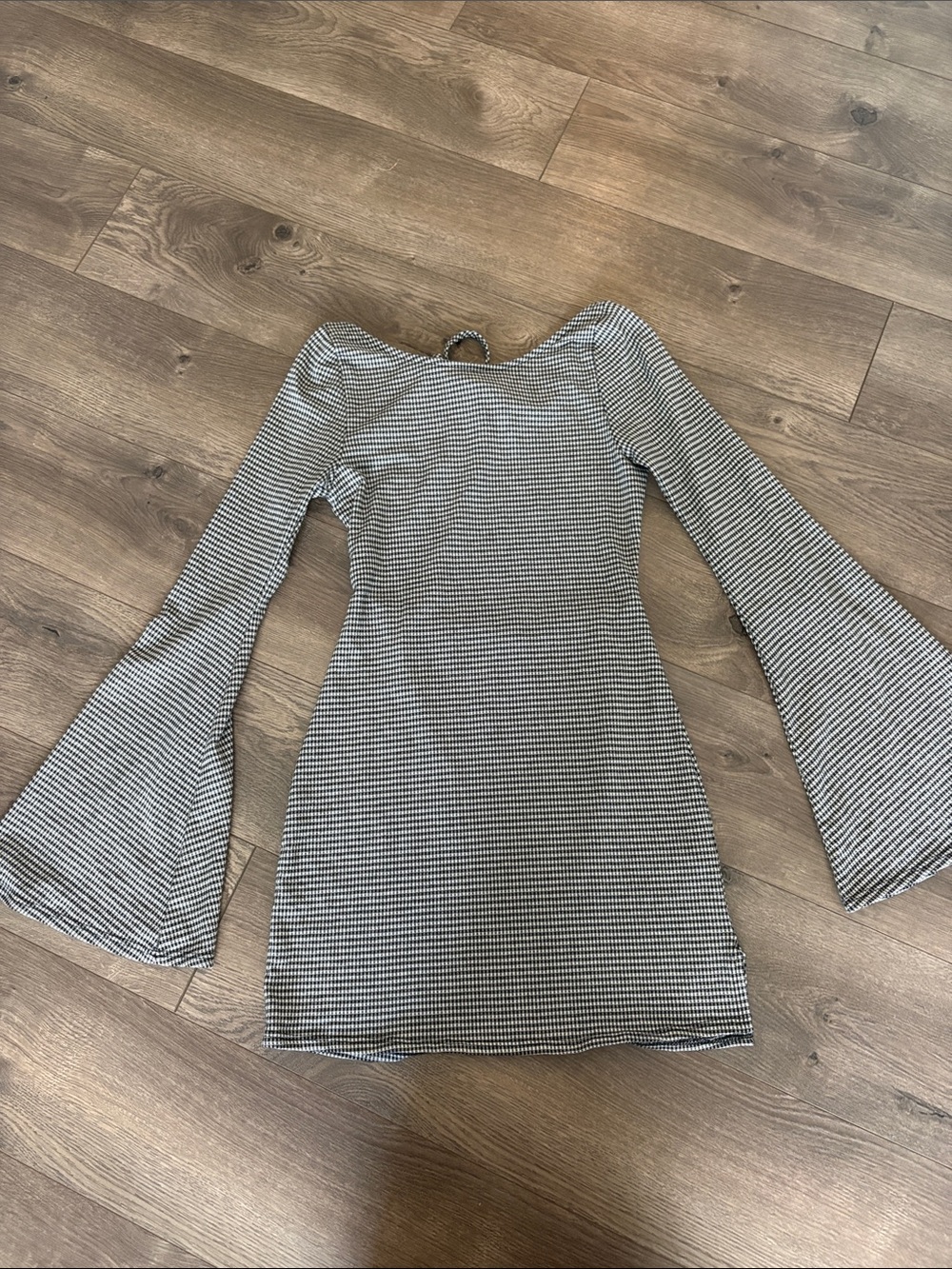 Black & White Houndstooth Bell-Sleeve Mini Dress